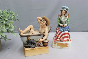 Two Limited Edition Lionstone Bourbon Porcelain Bottles - Betsy Ross '75 And Bathtub Cowboy '76