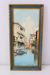 Ornate Faux Gilt And Blue Frame With Venice Canal With Gondolier Scene, Signed Lower Right