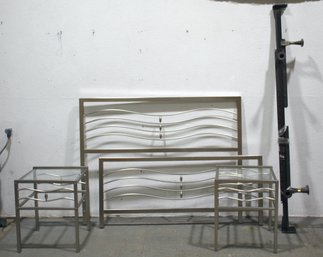 Brushed Stainless And Grey Steel Queen Headboard, Footboard, Two Night Tables Bedroom Set