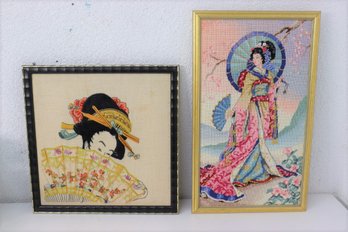 Two Wall Decor Pieces: Needlepoint Geisha And Embroidery Geisha