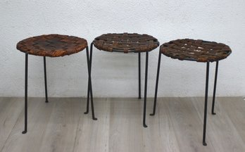 Set Of Iron And Woven Leather Stools By Lila Swift & Donald Monell