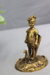 Vintage Girl And Her Dog Brass Figurine Pen Holder