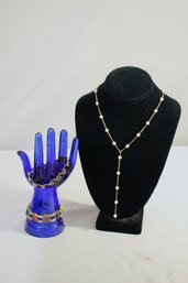 Y-strand Faux Pearl Necklace And A Black Stone Bracelet And A Multi-Color Stone Bracelet