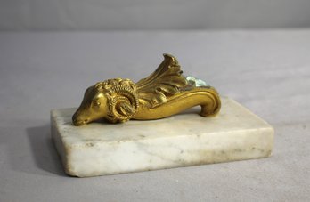 Gilt Bronze Ram Sculpture On Marble Base - Formerly Part Of A Cornucopia Vase