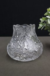 Unique American Brilliant Cut Glass Topless Pear Vase Floral Swirl And Sawtooth Rim