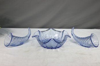 Group Lot Of Cambridge Caprice Moonlight Blue Glass: 2 Cornucopia Horns & 1 Centerpiece Ruffle Wave Bowl