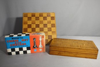 Vintage Wood And Composite Magnetic Chess And Checkers Set With Storage Case