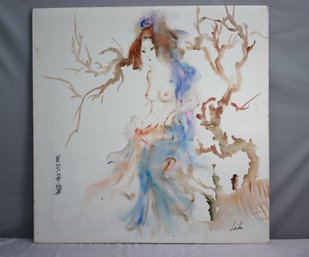 Vintage Original Watercolour - Partial Nude Lady With Trees - Chinese Brushpainting, Signed By Artist