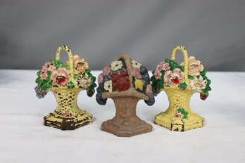 Group Lot Of 3 Painted Cast Iron Flower Basket Door Stops