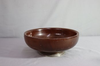 Vintage Wood Bowl With Silver Plate Base Vintage