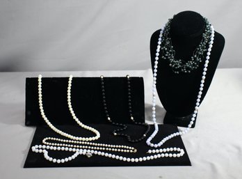 Group Lot Of Six White And Black Faux Pearl Necklaces