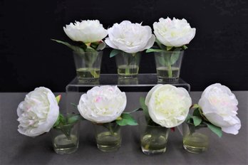 Seven Artificial White Peonies In Natural-look  Faux Water Glasses
