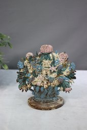 Large Vintage Painted Cast Iron Big Blue Basket Flower Bouquet Door Stop