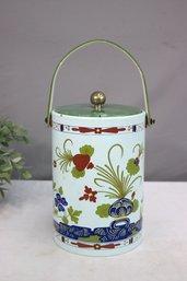 Vintage Mid-Century White Ice Bucket With Polychrome Flowers Design And Green Top