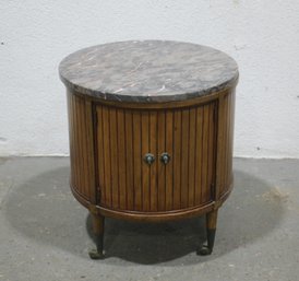 Round Two Door Marble Top Wooden Barrel Drum End Table On Casters