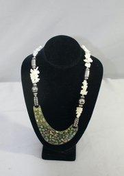 Mother Of Pearl In Resin Swoosh And Broad Beaded Necklace