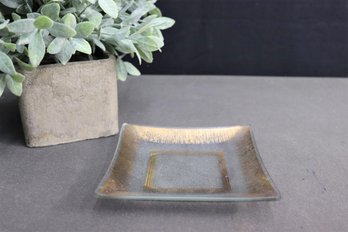 Mid-Century Square Glass Bowl Dish With Squares & Gold Lines Motif