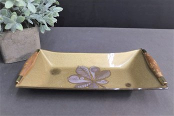 Vintage Georges Briard Heritance Rectangular Glass Serving Tray With Gold Leaf Design And Wood Handles