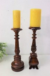 Two Tall Baluster Turned Wood Candlesticks And 2 Pillar Candles