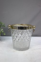 Vintage Mid-Century Silverplate And Cut Glass Twin Ring Handled Ice Bucket