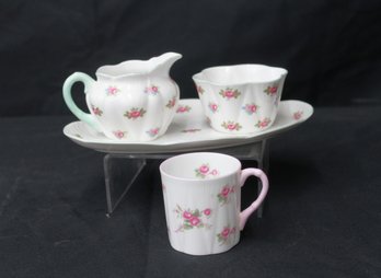 Shelley 'Rosebud' Creamer, Open Sugar Bowl, Cup, And Under Plate Set