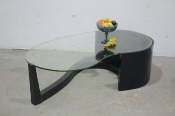 Kidney Shaped Glass Top Wooden Wave Base Coffee Table