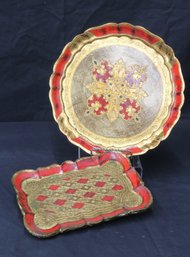 Set Of Two Italian Florentine Trays In Red And Gold