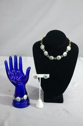 Matching Set Teal And Gold Sun Shield Necklace, Earrings, And Bracelet