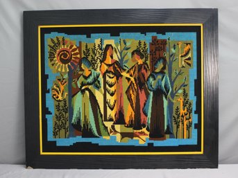 Vintage MCM Framed Needlepoint Art The Four Seasons Les Quatre Saisons Bleu