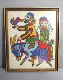 Vintage Framed Needlepoint Folk Art With Colorful Characters