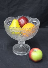 Pressed Glass Crystal Compote With Sawtooth Edge And Frosted Roses On Pedestal