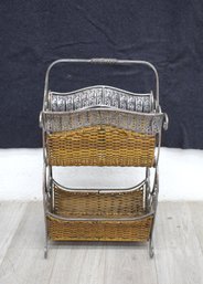 Ornate Iron And Woven Wicker Two-Tier Plant Stand