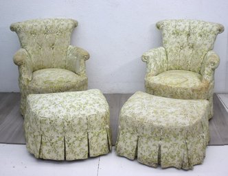 Pair Of Tufted Upholstered Arm Chairs With Ottomans