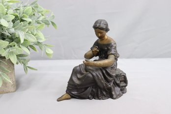 Cast Spelter Statue Figurine Girl Woman Sitting In Chair Playing Harp Victorian