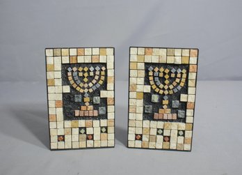 Vintage Eilon Mosaics Hand Made Tiles Art ISRAEL Stones Bookends Temple Menorah