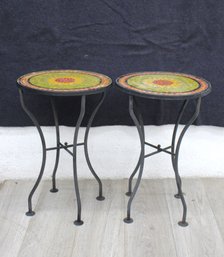 Pair Of Decorative Mosaic Topped Iron Plant Stands