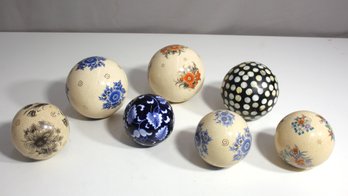 Vintage Unique Set Of 7 Floral Crackle Ceramic Porcelain Carpet Balls