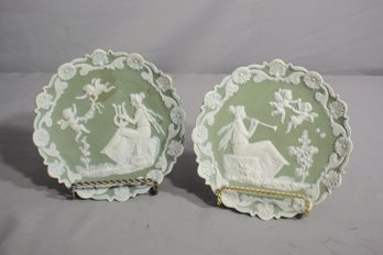 Antique Ceramic Wall Plaques Pair Green Jasper Ware Decorative Angles Cherubs