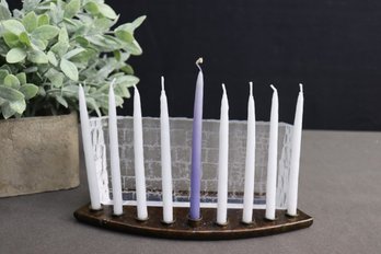 Arched  Bronze Chanukah Menorah With Sculptural Glass Temple Wall Background