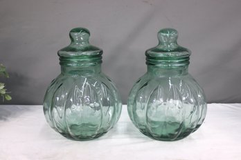 Two Vintage Green Glass Apothecary Jars