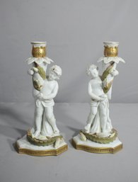 Pair Of Vintage Elegant White & Gold Porcelain Cherub Holding Cornucopia Candleholders