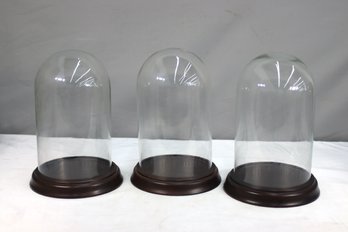 Three Pottery Barn Tall Glass Dome Cloches On Wood Bases