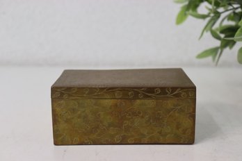 Vintage Asian Floral Motif Etched Brass Over Wood Box
