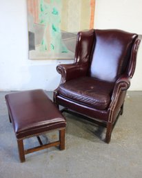 Elegant Leather Wingback Chair And Matching Ottoman