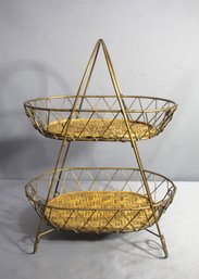 Vintage Two-Tier Rattan And Metal Fruit Stand