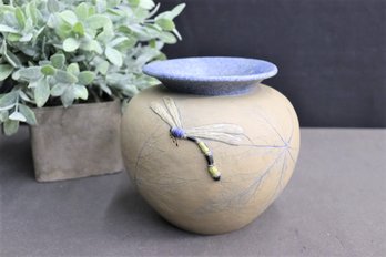 Bee Pottery Dragon Fly Relief And Partial Glaze Vase Marked On Bottom