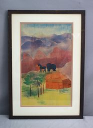 Framed Vintage Landscape In Watercolor With Pen