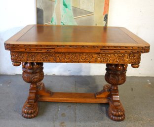 Carved Oak Pedestal Table With Extending Leaves