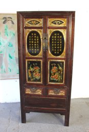 Tall Narrow Chinese Cabinet With Painted Opera Scenes