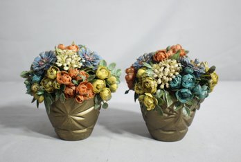 Pair Of Vintage Artificial Floral Arrangement In Plastic  Planters